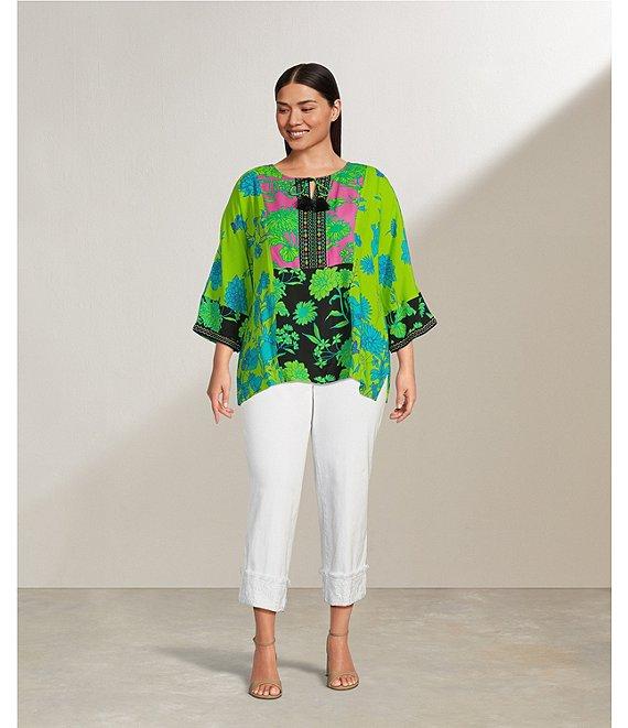 John Mark Plus Size Embroidered Printed Split Round Neck 3/4 Dolman Sleeve Tassel Tie Tunic Product Image