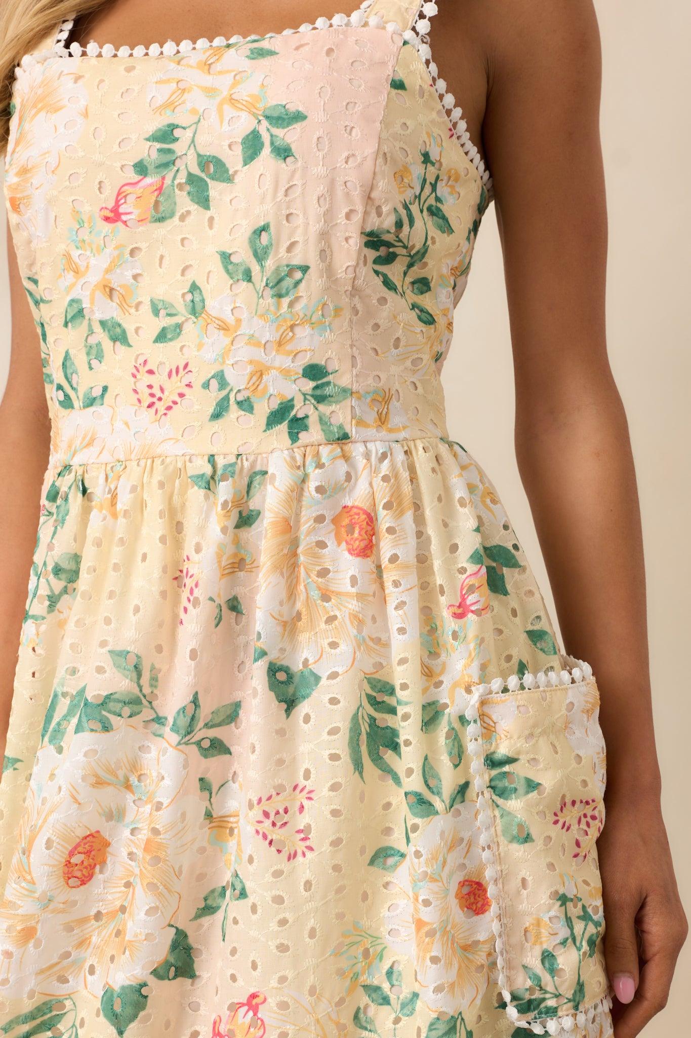 Champagne Toast Yellow Floral Embroidered Midi Dress Product Image