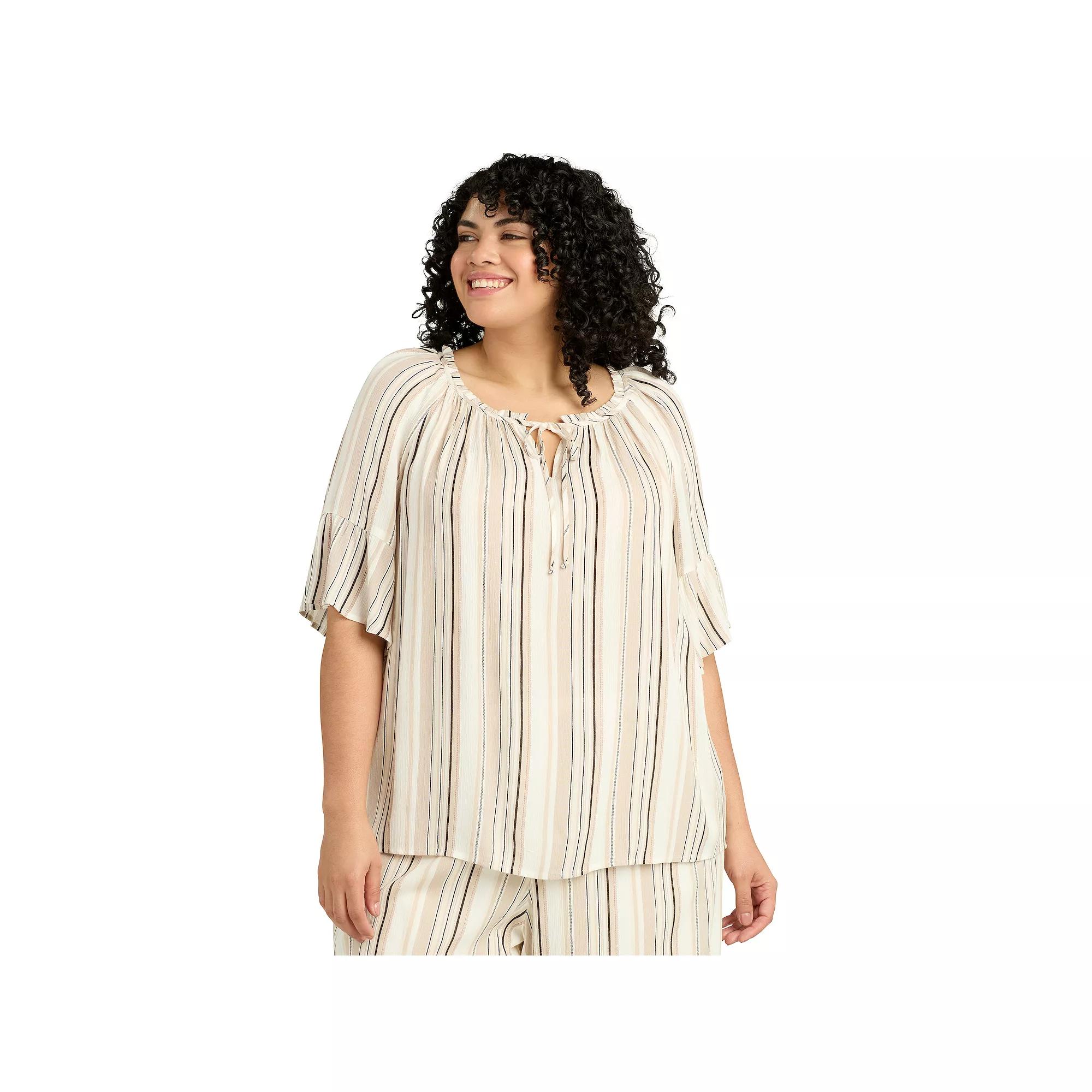 Plus Size AB Studio Ruffle Sleeve Peasant Tie-Neck Top, Womens Product Image