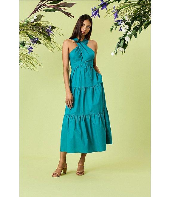 Donna Morgan Poplin Halter Neck Sleeveless A-Line Midi Dress Product Image