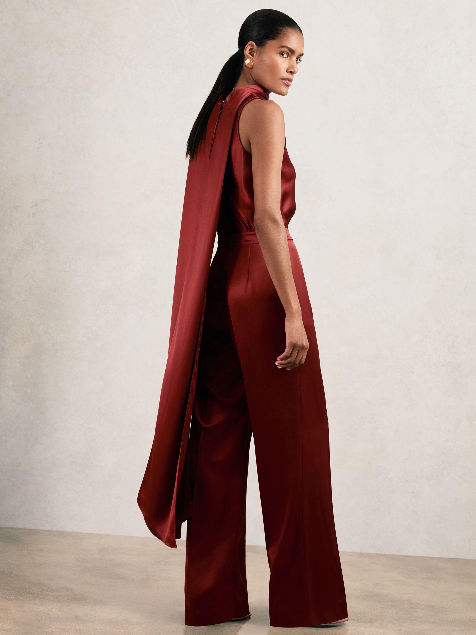 Petite Satin Cape-Sash Jumpsuit in Dark Red Product Image