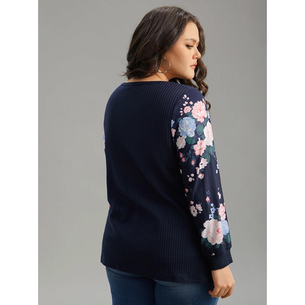 Plus Size Waffle Knit Floral Patchwork Button Up T-shirt Blue Women Casual Printed Floral Open Front Loose Dailywear T-shirts BloomChic 22-24/3X Product Image