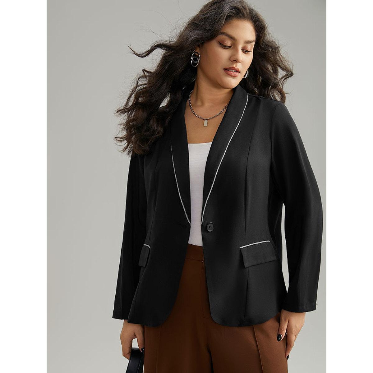Plus Size Twill Patchwork Contrast Trim Button Up Blazer Black Women Office Plain Contrast Sleeve Long Sleeve Suit Collar 14-16/1X Office Blazers BloomChic Product Image