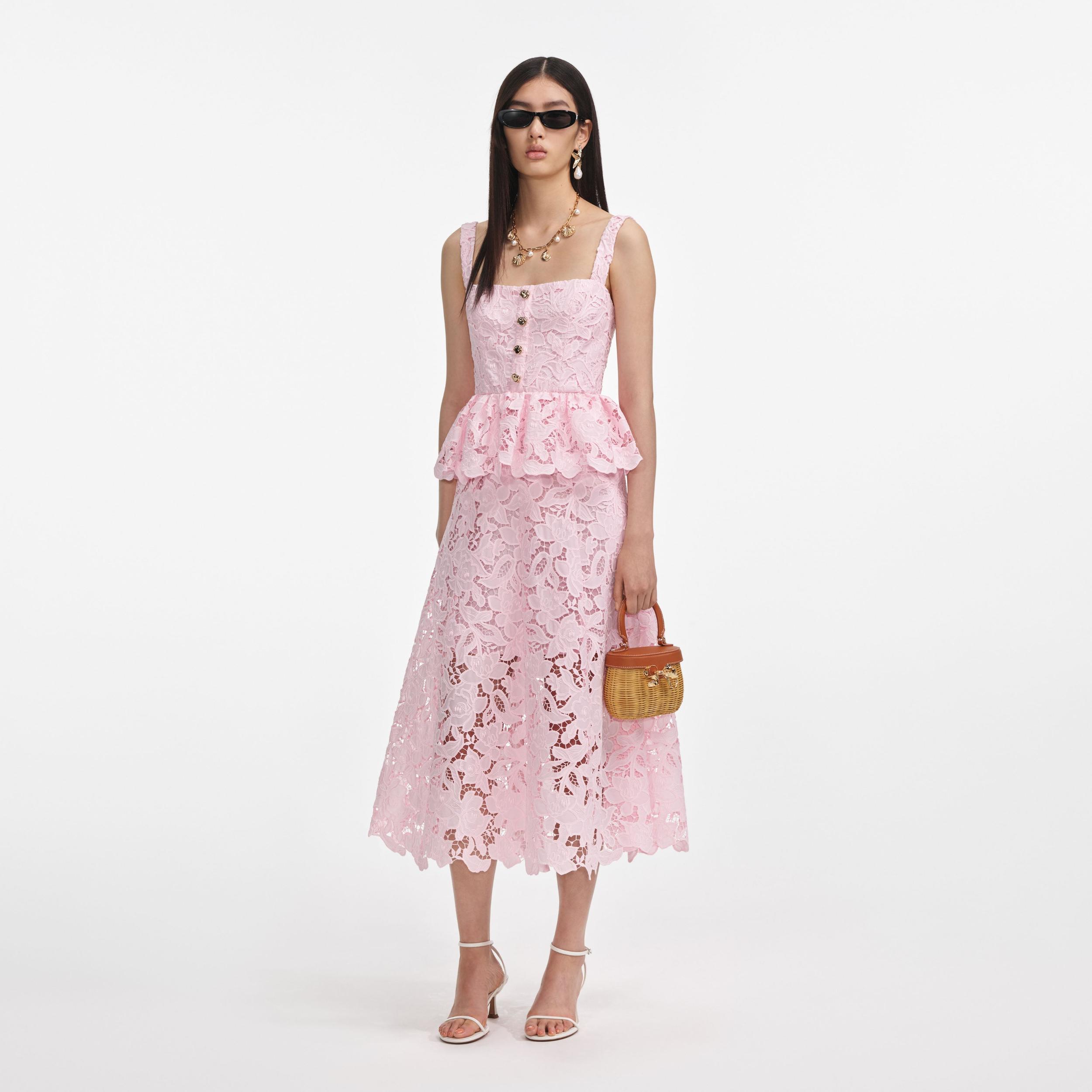 Pink Lace Peplum Midi Dress Product Image