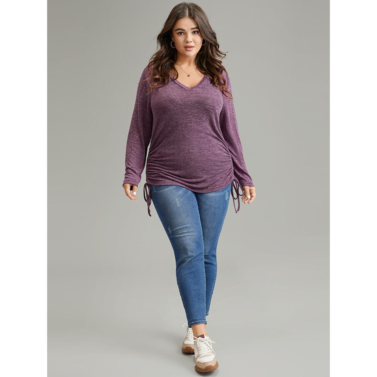 Plus Size Solid Drawstring Heather V Neck T-shirt Purple Women Casual Plain Plain V-neck Dailywear T-shirts BloomChic 10/M Product Image