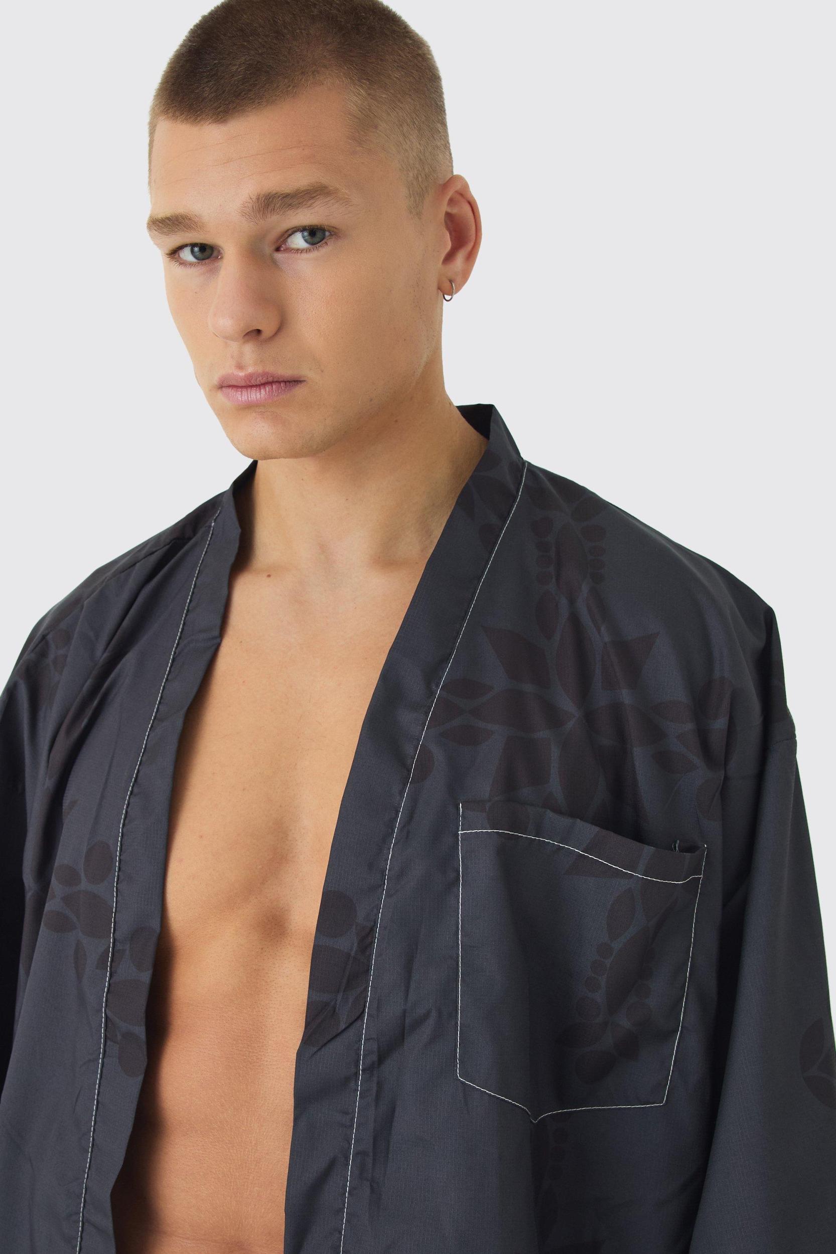 Gothic Print Kimono Shirt & Swim Trunks Set | boohooMAN USA Product Image