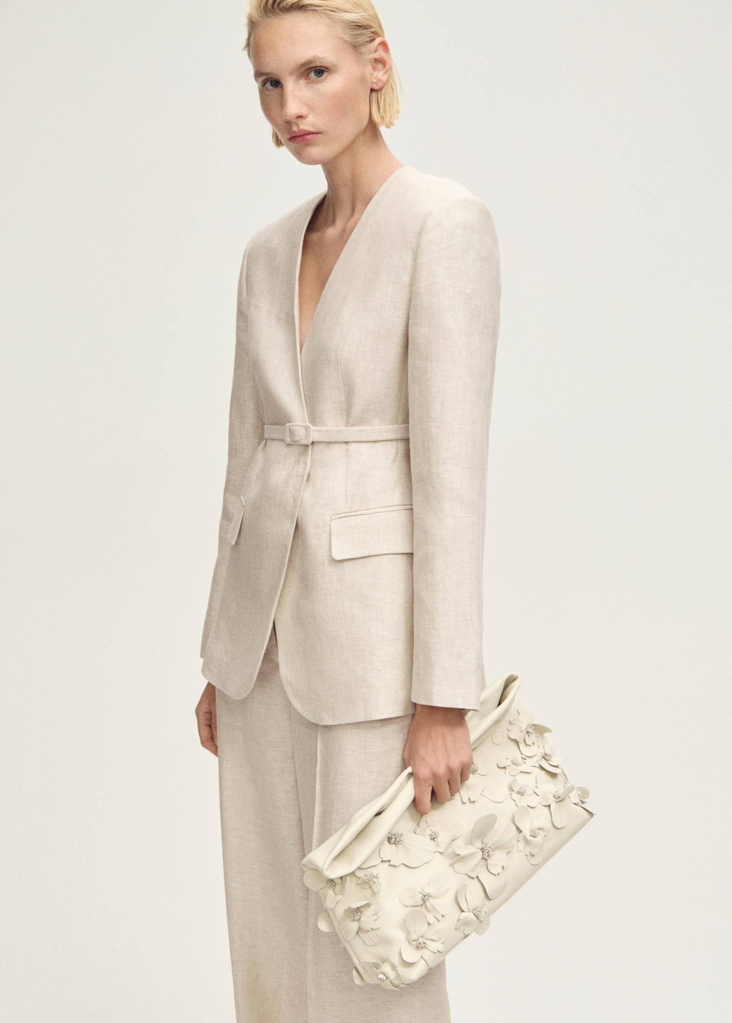 Linen suit blazer with belt - Women | MANGO USA Product Image