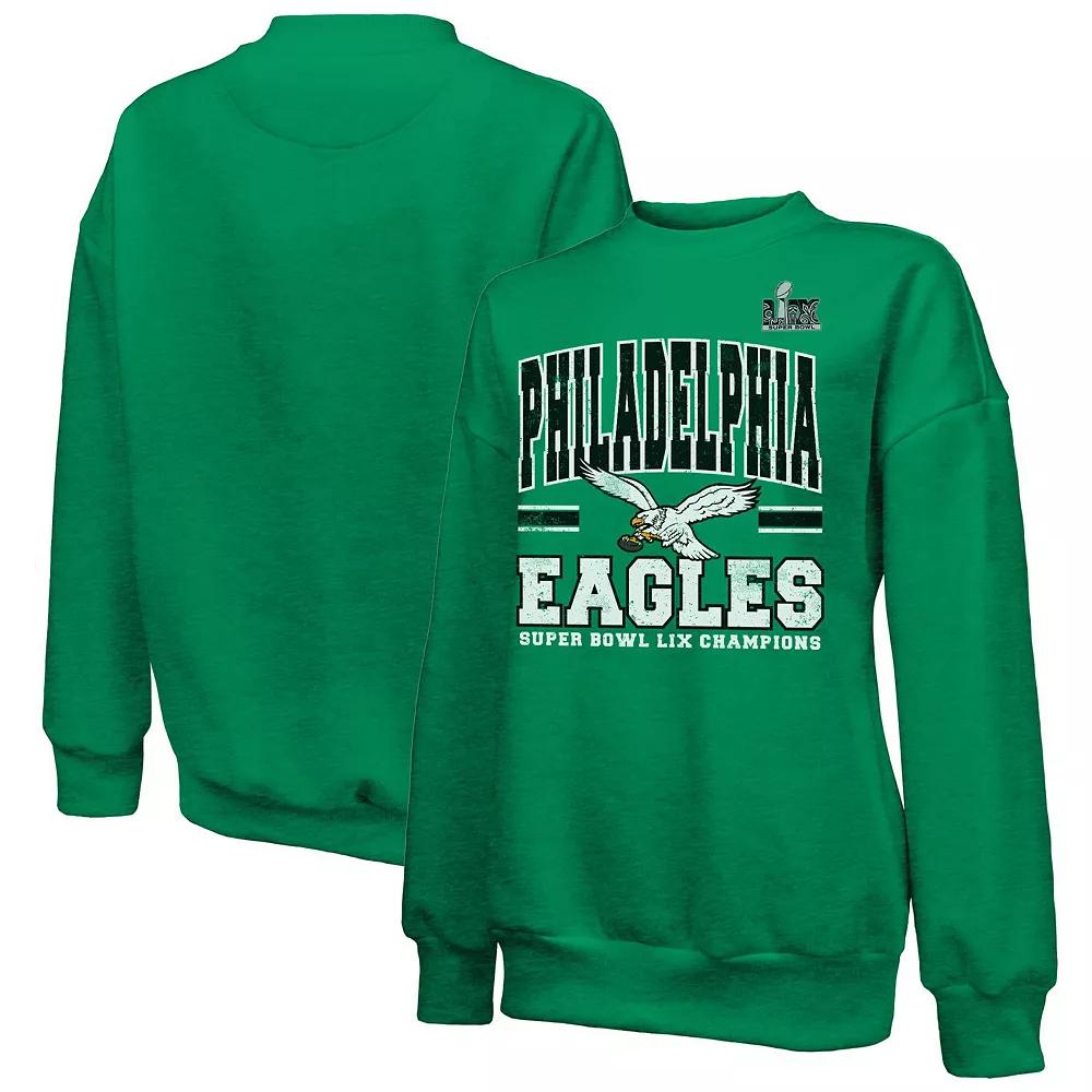 Women's Majestic Threads  Kelly Green Philadelphia Eagles Super Bowl LIX Champions Big Chalk Stripe Retro Tri-Blend Fleece Sweatshirt, Size: XL Product Image