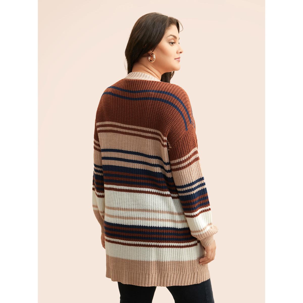 Plus Size Contrast Striped Pocket Drop Shoulder Cardigan Browncoffeecolor Women Casual Loose Long Sleeve Everyday Cardigans BloomChic 22-24/3X Product Image