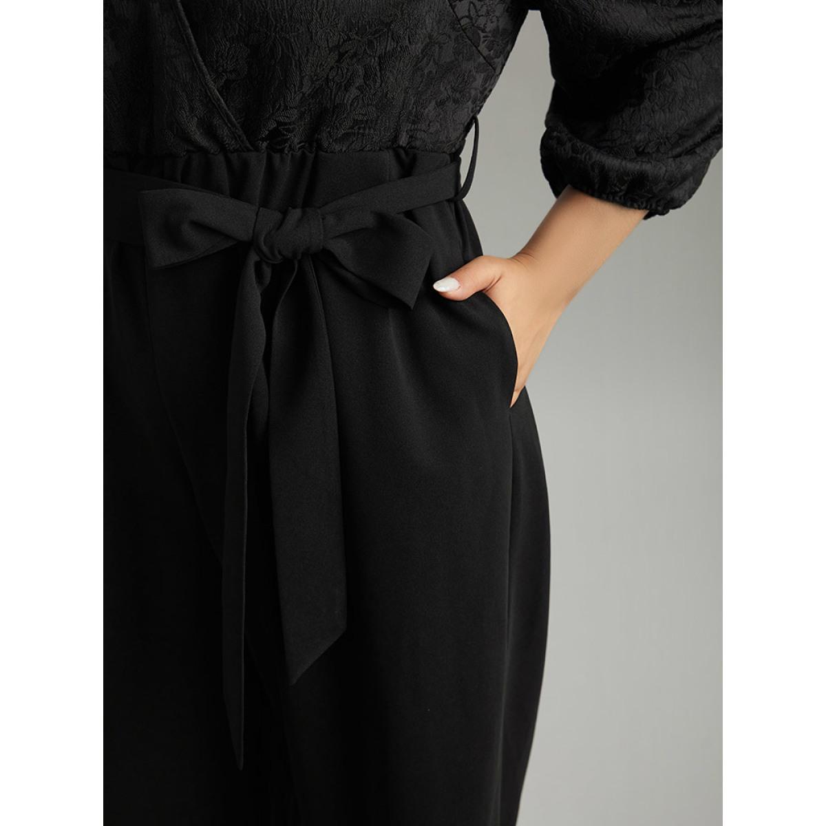 Plus Size Black Plain Textured Belted Wrap Jumpsuit Women Party Elbow-length sleeve Overlap Collar Going out Loose Jumpsuits BloomChic 30/6X Product Image