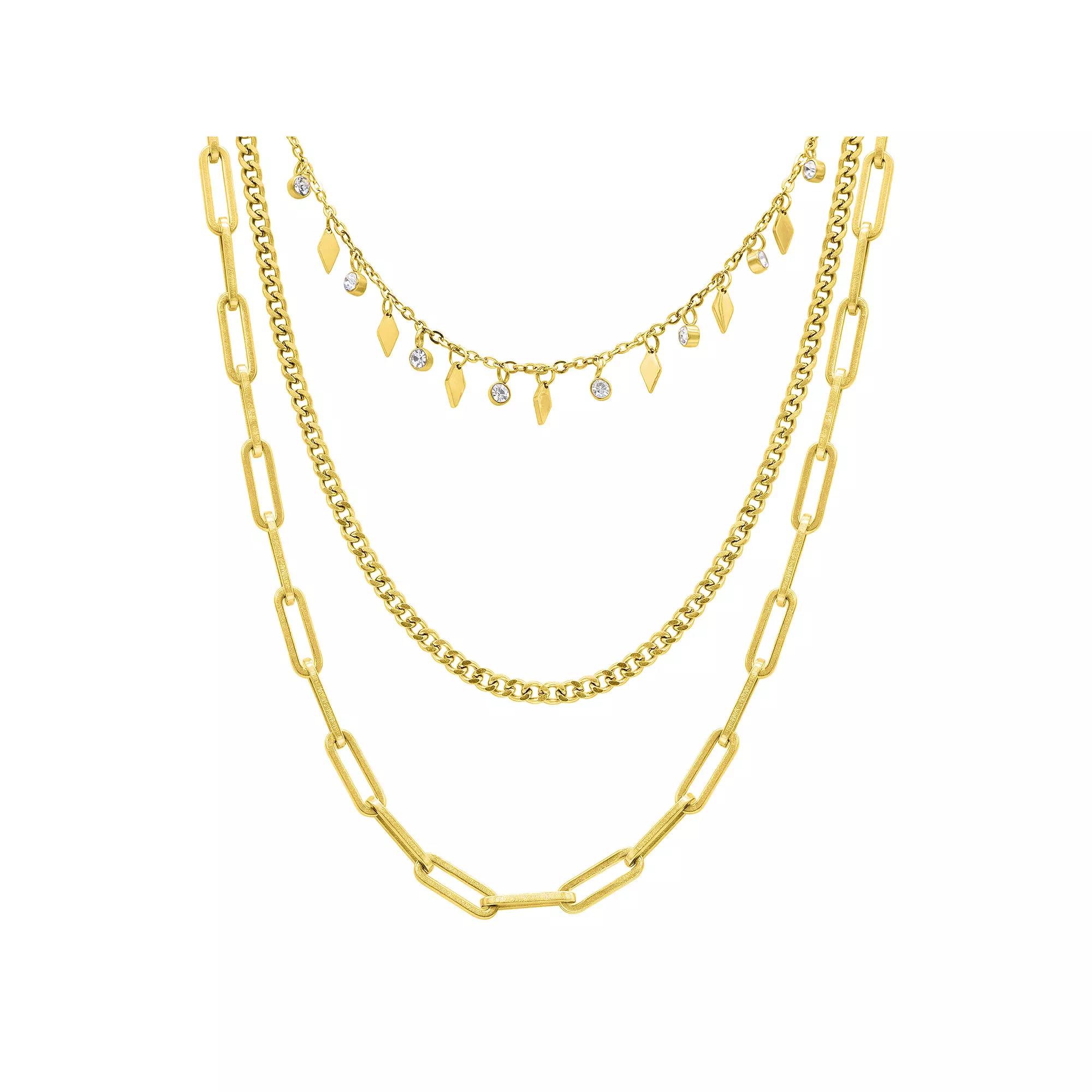 Adornia 14k Gold Tone Paperclip, Curb, & Dangle Crystal Chain Necklace Set, Womens, Size: 14+3/16+2 Product Image