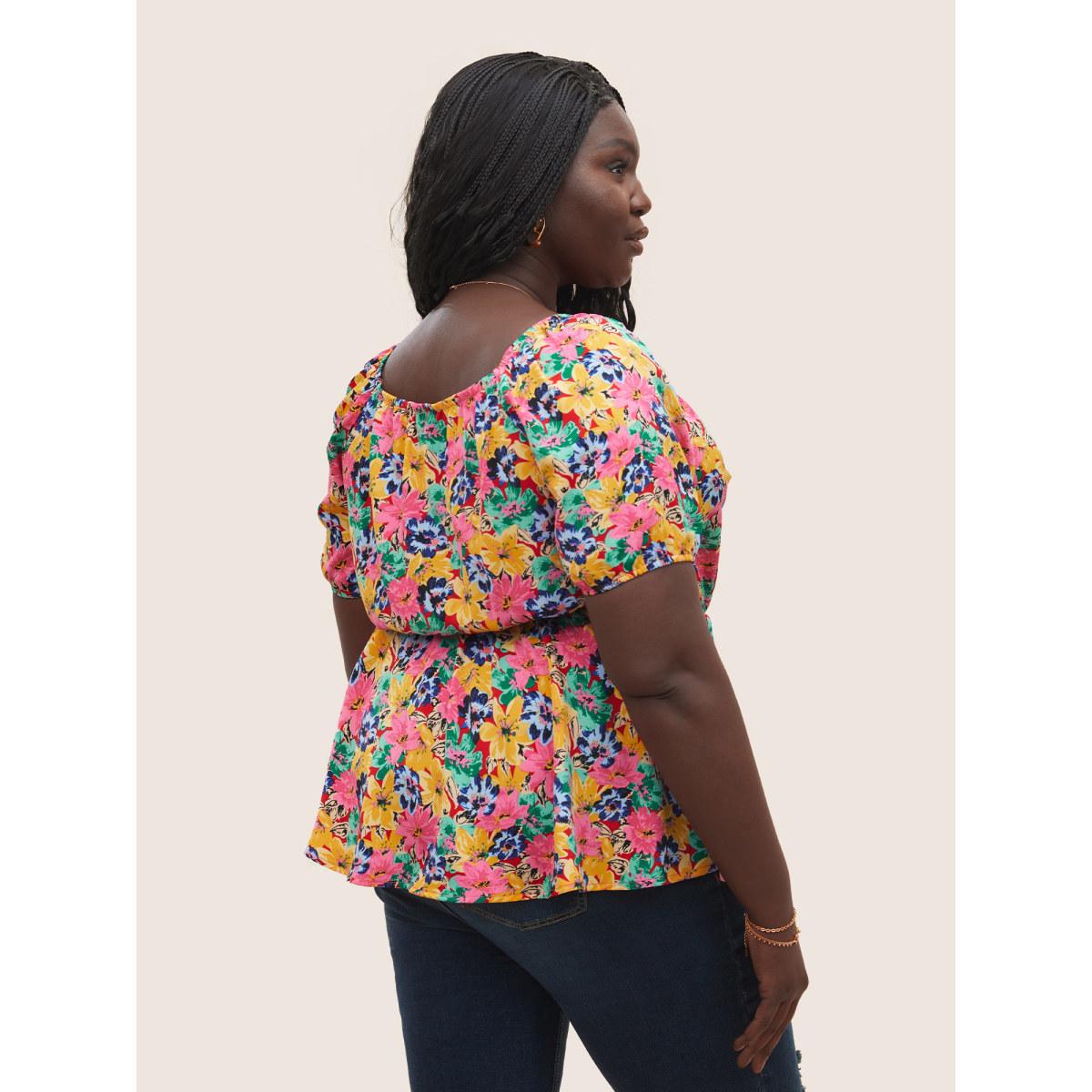 Plus Size Red Floral Elastic Waist Ties Lantern Sleeve Blouse Women Elegant Short sleeve Square Neck Everyday Blouses BloomChic 14-16/1X Product Image