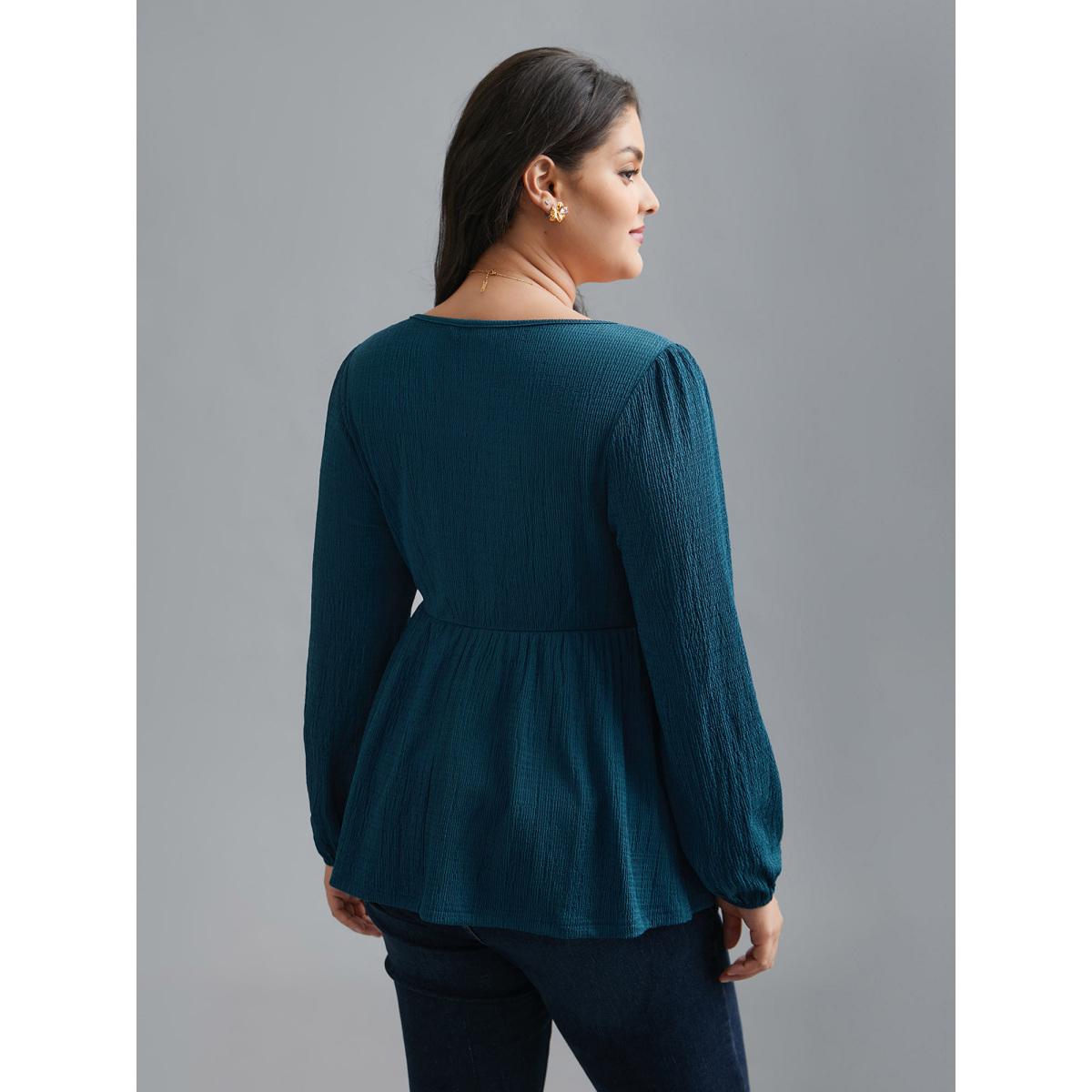 Plus Size Aegean Heart Neckline Solid Gathered Blouse Women Elegant Long Sleeve Heart neckline Everyday Blouses BloomChic 30/6X Product Image