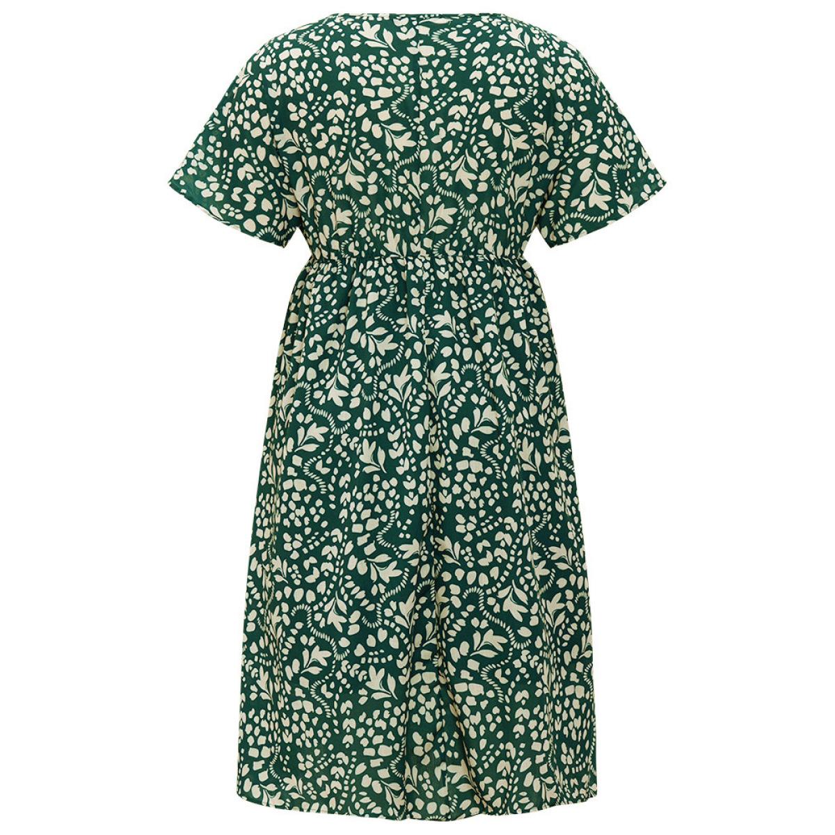 Plus Size Plant & Geometric Batwing Sleeve Pocket Flutter Knot Neck Dress DarkGreen Women Elegant Knotted V-neck Short sleeve Curvy Midi Dress BloomChic 28/5X Product Image