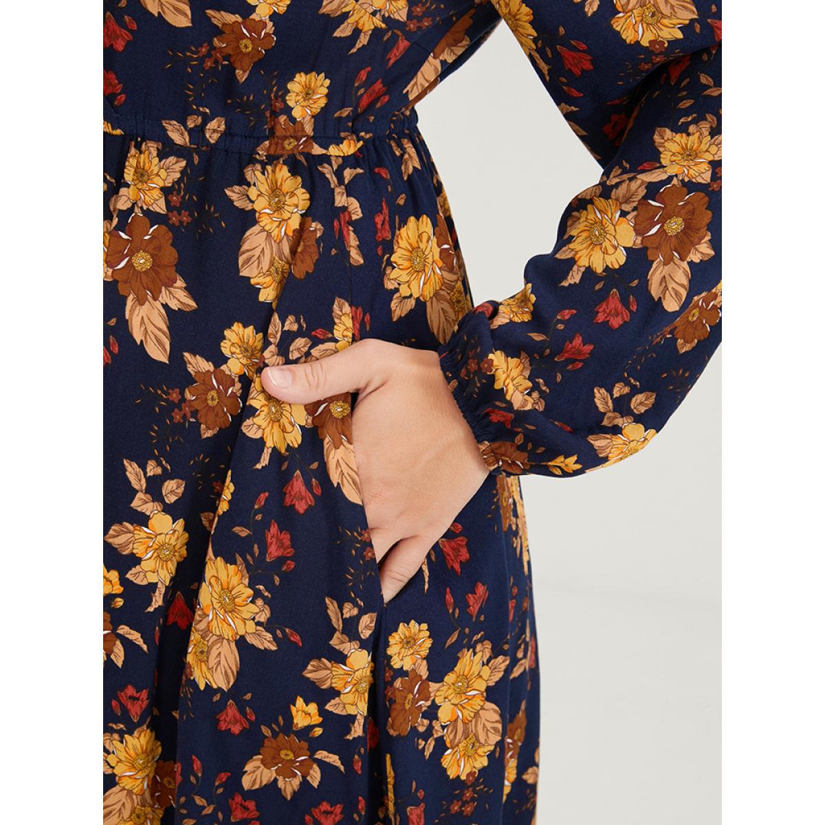 Plus Size Floral Lantern Sleeve Pocket Ties Up Wrap Flutter Dress Midnight Women Elegant Drawstring V-neck Long Sleeve Curvy Midi Dress BloomChic 30/6X Product Image