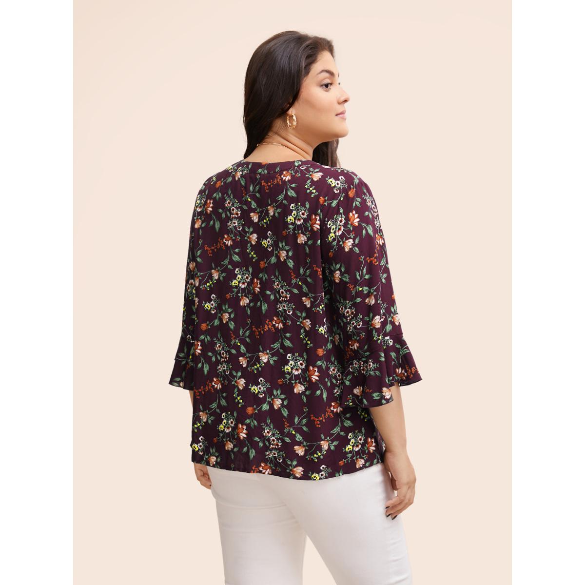 Plus Size Plum Ditsy Floral Pleated Flutter Sleeve Blouse Women Elegant Elbow-length sleeve Flat collar with V-notch Everyday Blouses BloomChic 18-20/2X Product Image