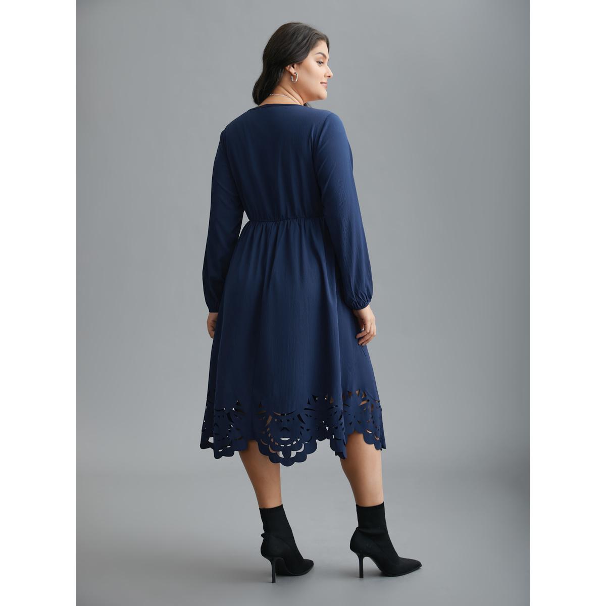 Plus Size Laser Cut Elastic Waist Pocketed Midi Dress Navy Women Elegant Texture V-neck Long Sleeve Curvy BloomChic 22-24/3X Product Image