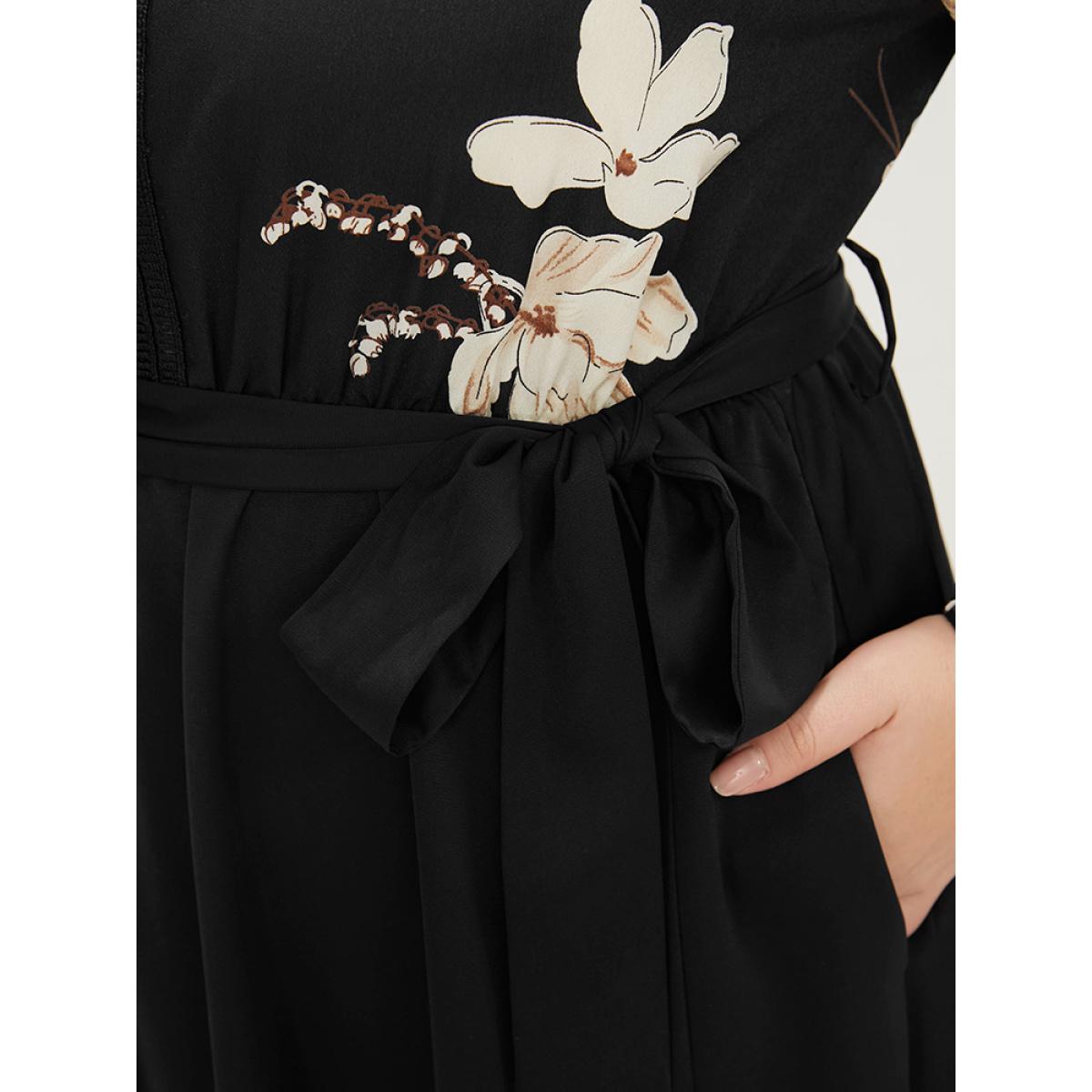 Plus Size Floral Pocket Broderie Anglaise Lantern Sleeve Belted Flutter Dress BlackFlower Women Elegant Pocket V-neck Long Sleeve Curvy Midi Dress BloomChic 10/M Product Image