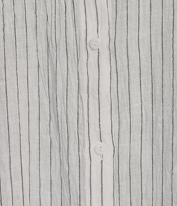 Eileen Fisher Puckered Organic Linen Stripe Mandarin Collar Short Sleeve Midi Dress Product Image