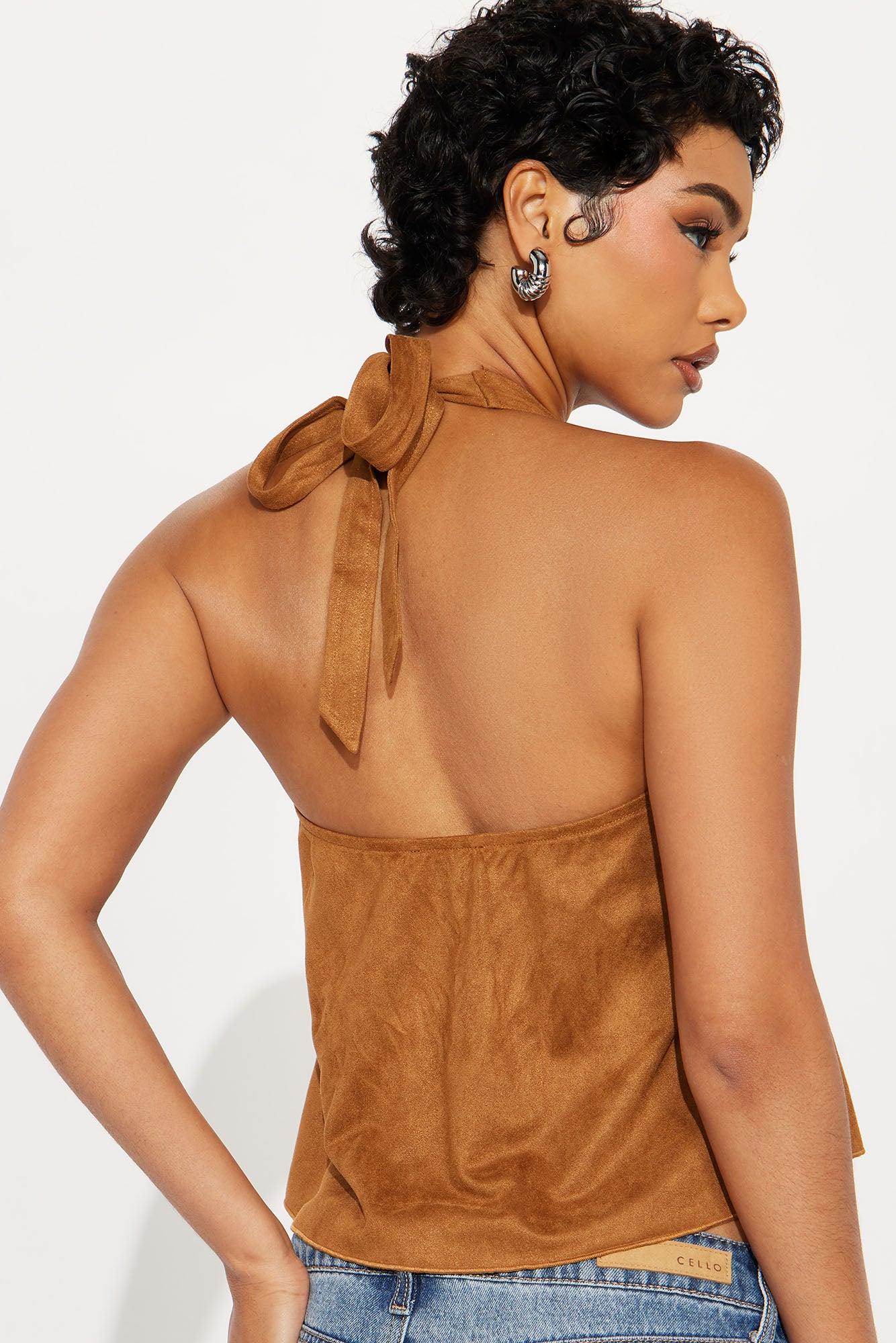 Boho Montage Faux Suede Halter Top - Camel Female Product Image