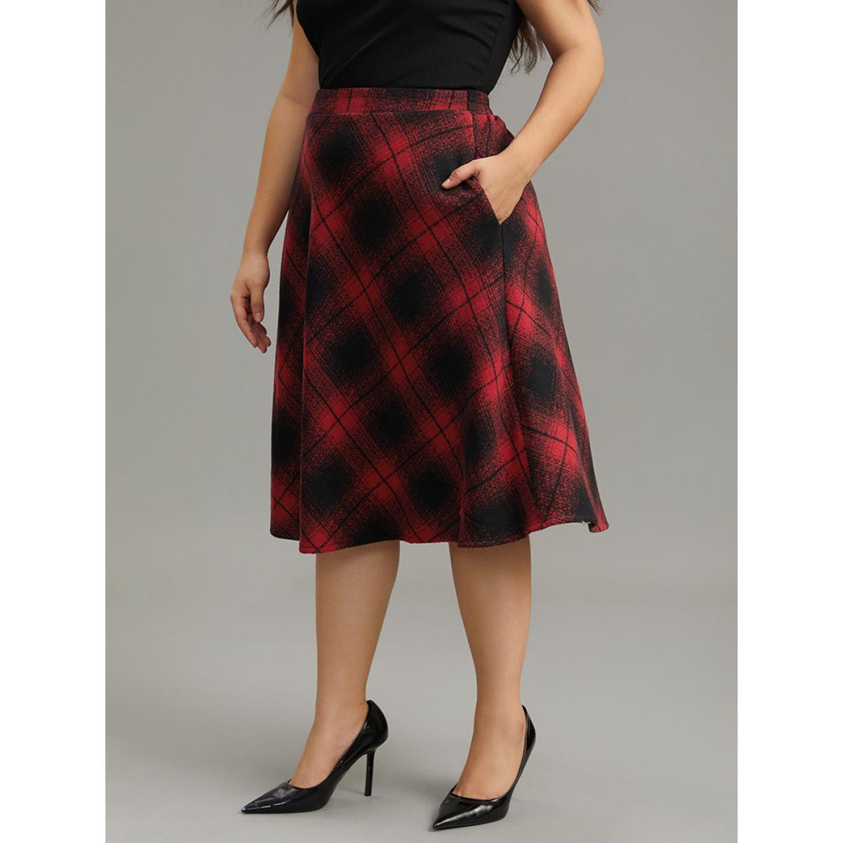 Plus Size Plaid Pocket Elastic Waist Skirt Women Red Casual A-line No stretch Pocket Everyday Skirts BloomChic 26/4X Product Image