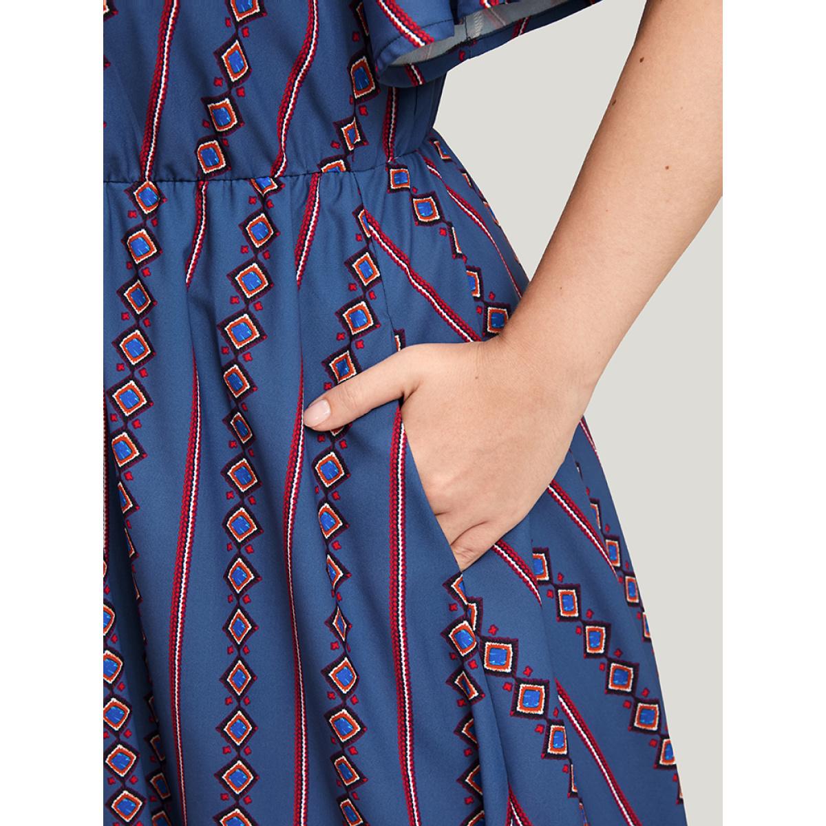 Plus Size Striped Pocket Split Flutter Wrap Midi Dress DarkBlue Women Casual Printed V-neck Short sleeve Curvy Midi Dress BloomChic 18-20/2X Product Image