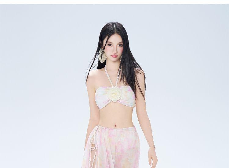 Set: Halter Neck Bikini Top + Bottom + Cover-Up Skirt Product Image