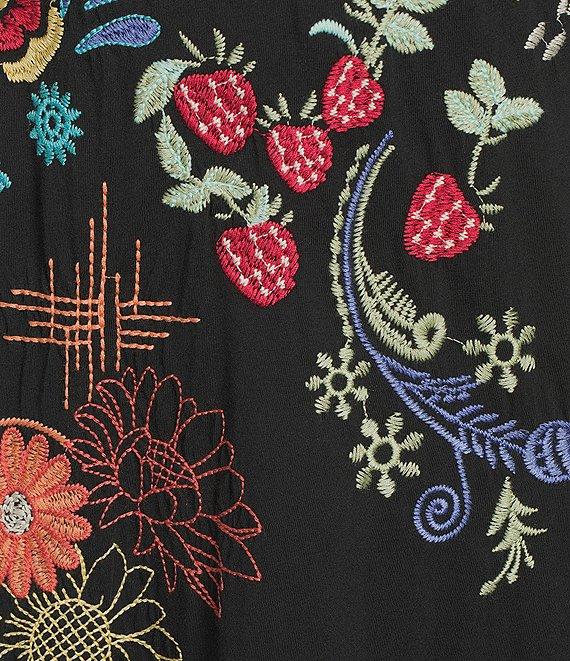 JOHNNY WAS Cora Embroidered Floral Knit Crew Neck Short Sleeve Asymmetrical Ruffle Hem Dress Product Image