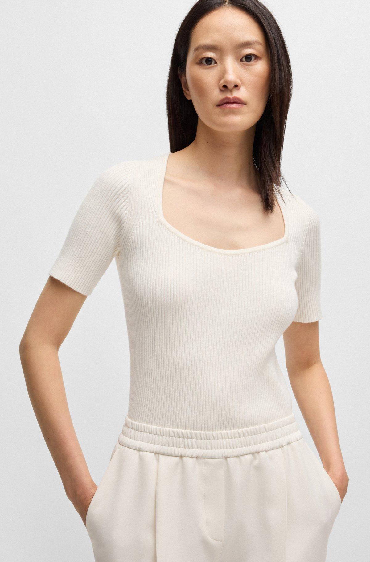 Square-neck short-sleeved sweater in ribbed stretch fabric Product Image