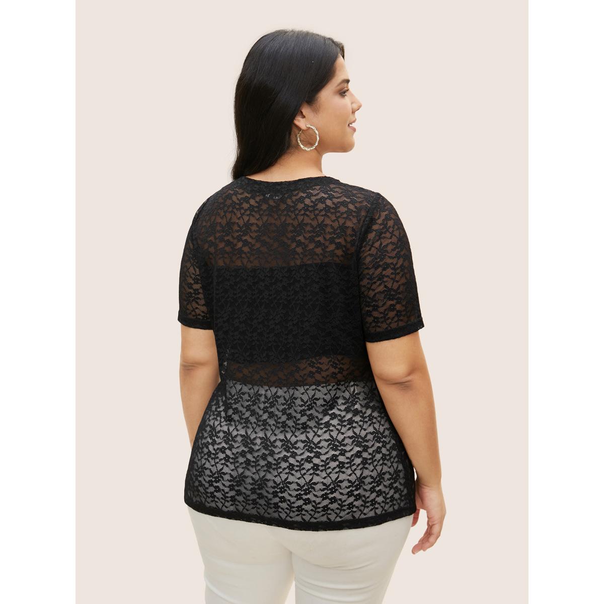 Plus Size Crochet Lace Mesh Crew Neck T-shirt Black Women Elegant See through Round Neck Bodycon Everyday T-shirts BloomChic 12/L Product Image