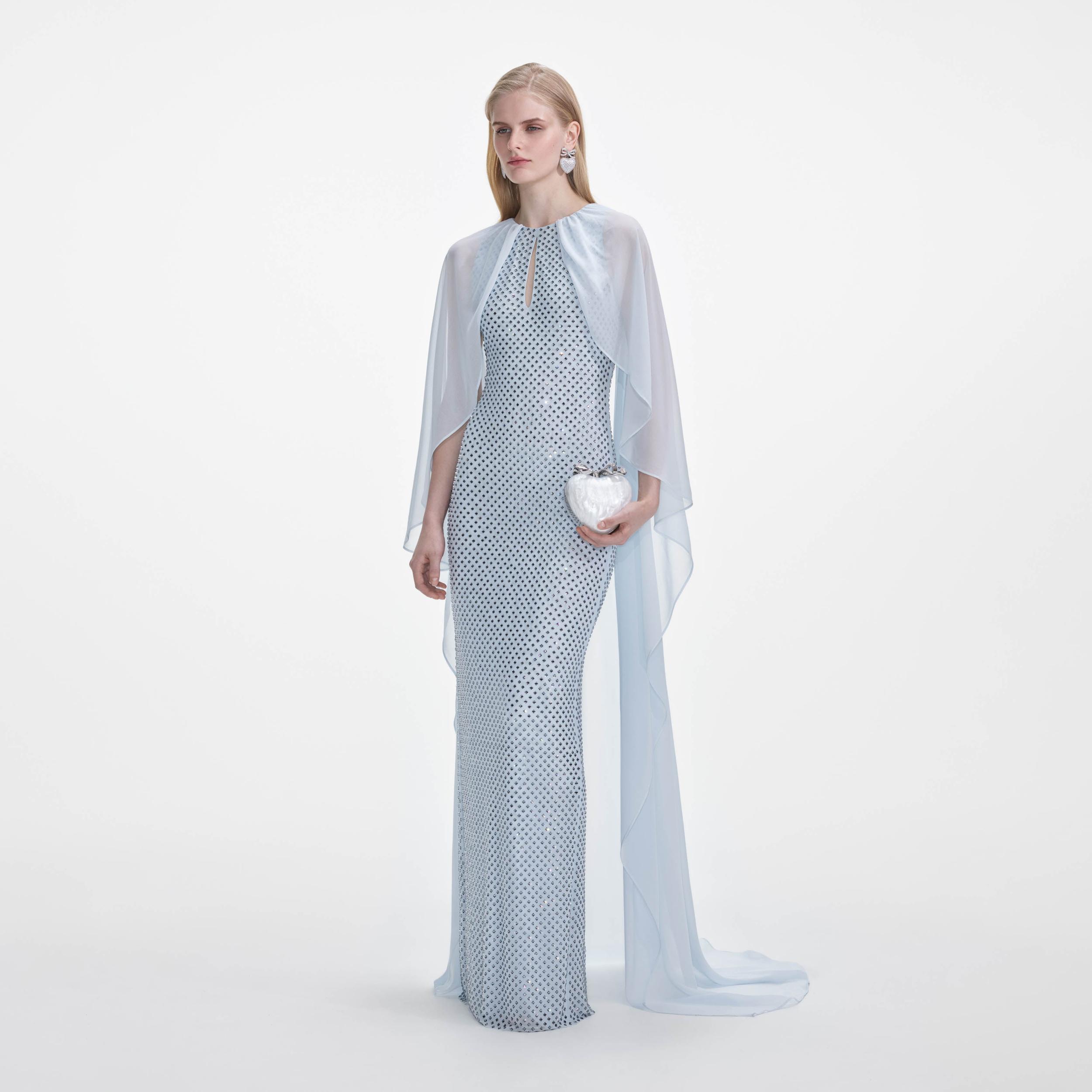 Pale Blue Rhinestone Cape Maxi Dress Product Image