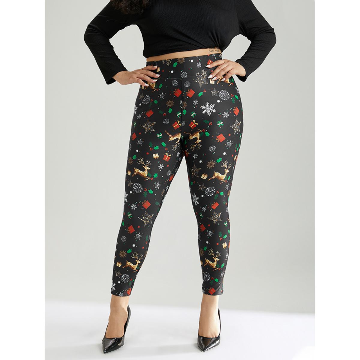 Plus Size Christmas Print Elastic Waist Leggings Women Black Casual High stretch Skinny High Rise Dailywear Leggings BloomChic 28/5X Product Image