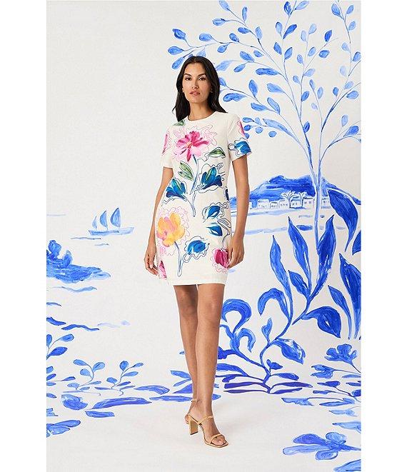 Maggy London Poplin Floral Print Crew Neck Short Sleeve Shift Mini Dress Product Image