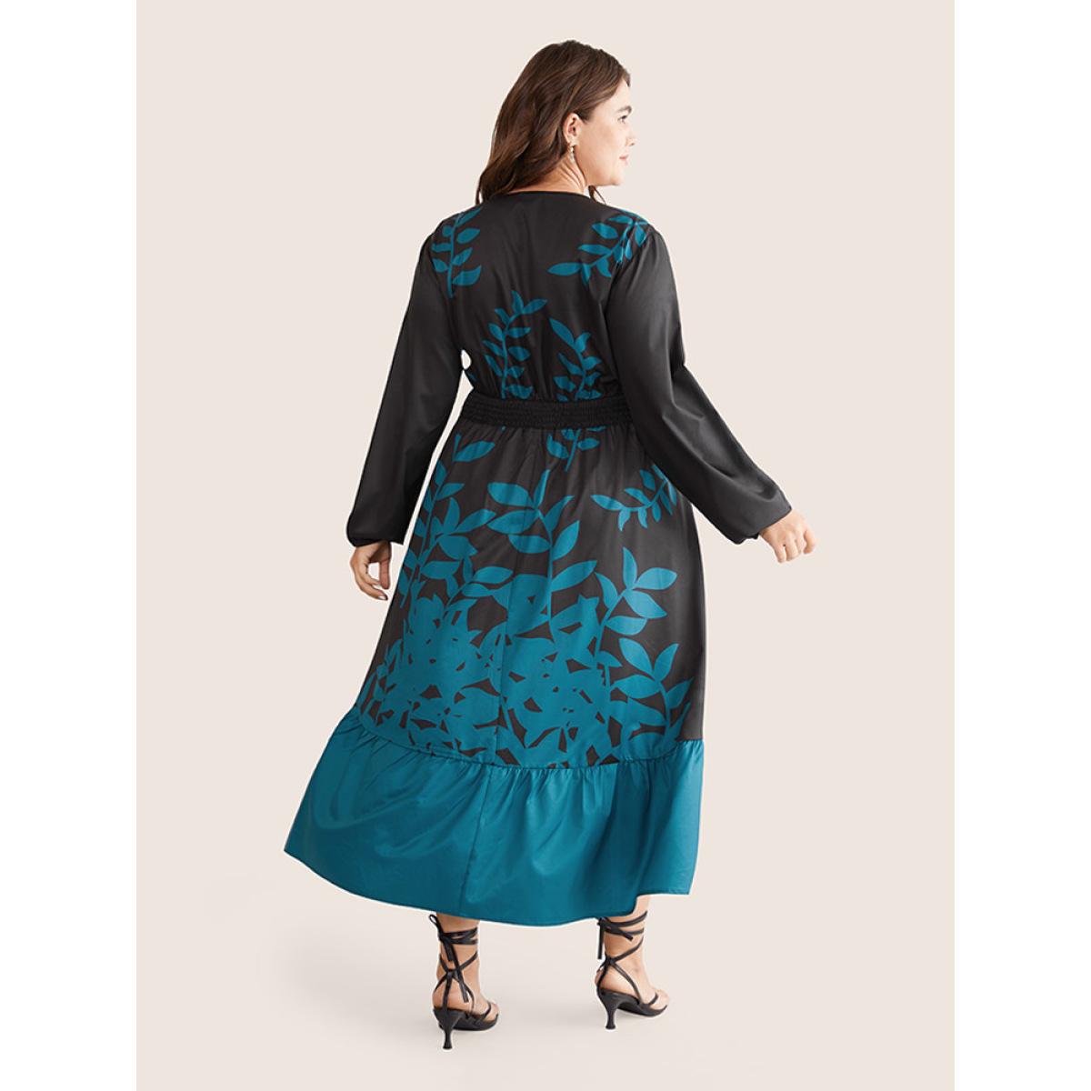 Plus Size Silhouette Floral Print Surplice Neck Shirred Dress Emerald Women Elegant Elastic cuffs Overlap Collar Long Sleeve Curvy Midi Dress BloomChic 22-24/3X Product Image