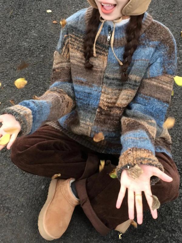 Lazy Style Color Block Stripes Cardigan Product Image