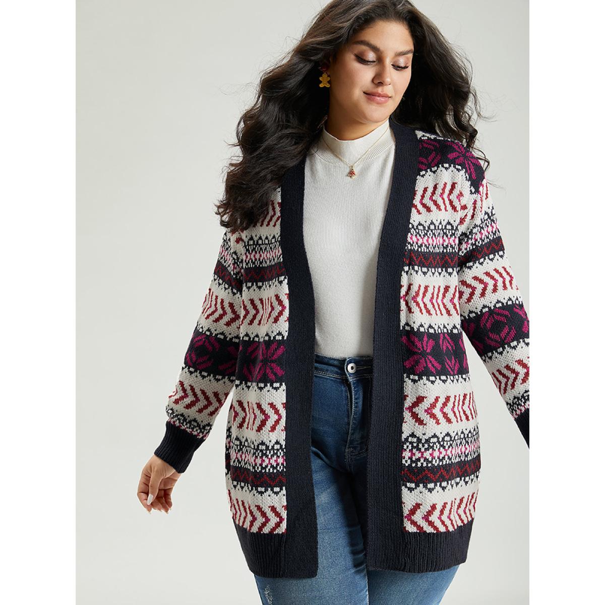 Plus Size Geo Print Open Front Patchwork Cardigan Multicolor Women Casual Loose Long Sleeve Festival-Christmas Cardigans BloomChic 14-16/1X Product Image