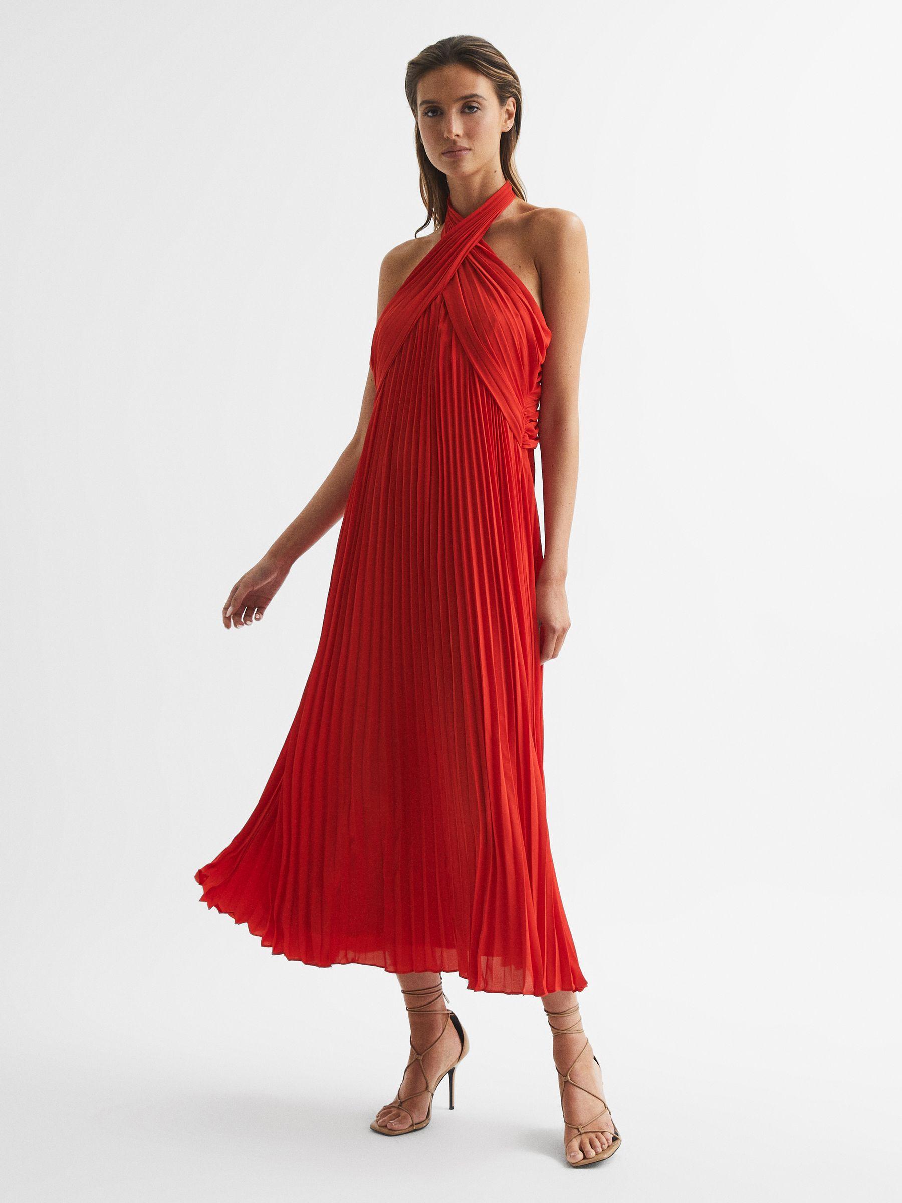 Halter Neck Pleat Midi Dress in Red Product Image