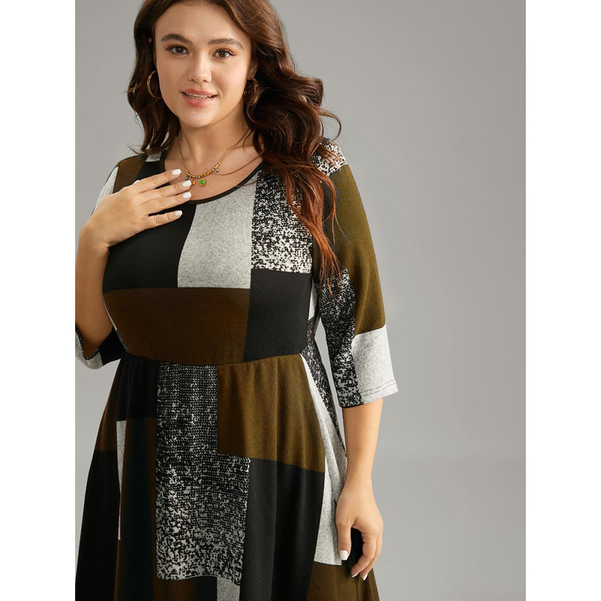 Plus Size Colorblock Contrast Round Neck Elastic Waist Dress Bronze Women Casual Printed Round Neck Elbow-length sleeve Curvy Midi Dress BloomChic 14-16/1X Product Image