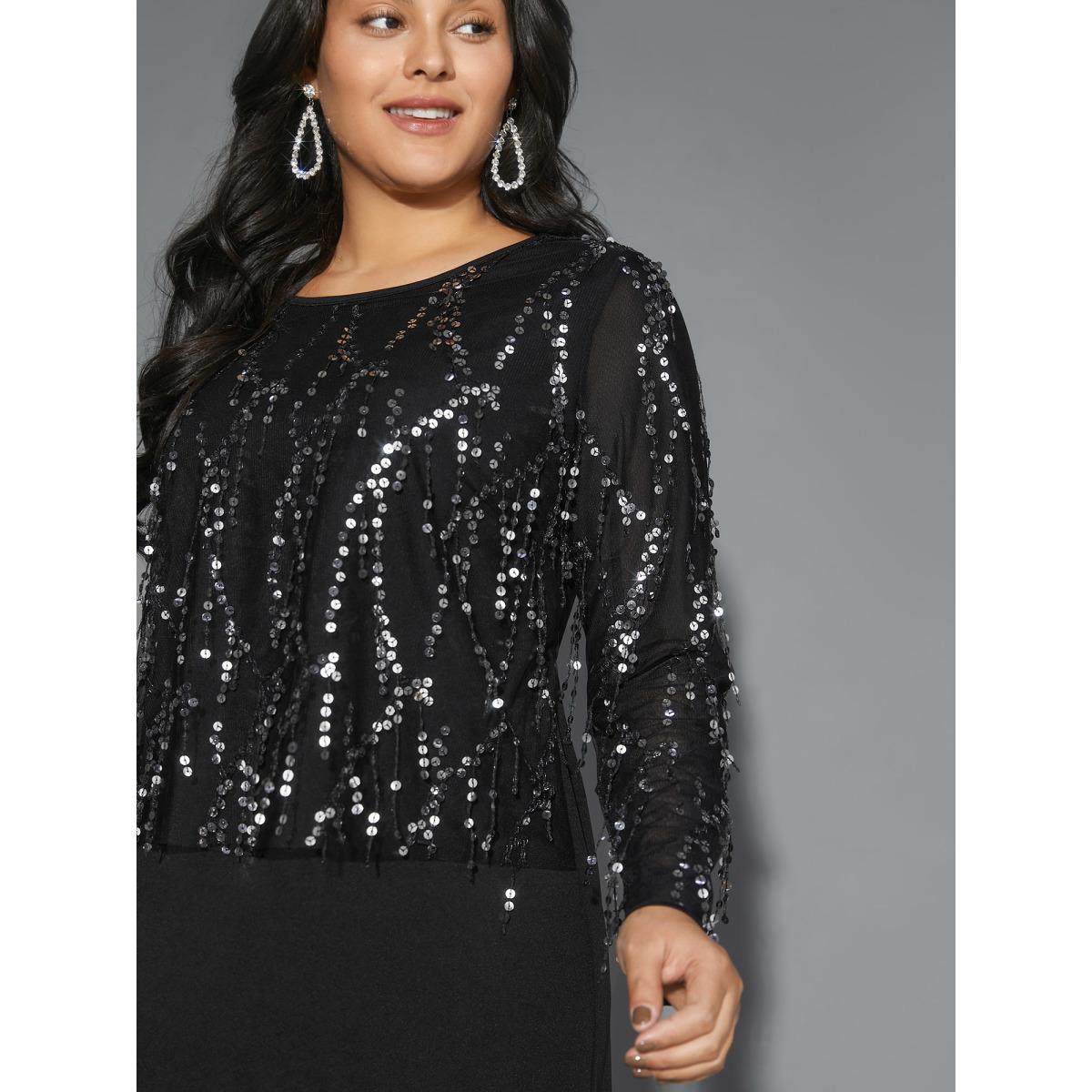 Plus Size Sequin Patchwork Mesh Split Hem Dress Black Women Cocktail Texture Round Neck Long Sleeve Curvy BloomChic 10/M Product Image