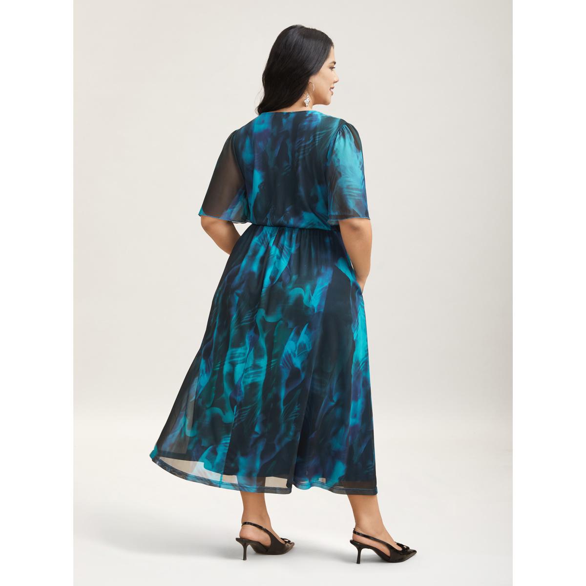 Plus Size Floral Fusion Wrap Neck Midi Dress Mediumblue Women Elegant Gathered Overlap Collar Short sleeve Curvy BloomChic 26/4X Product Image