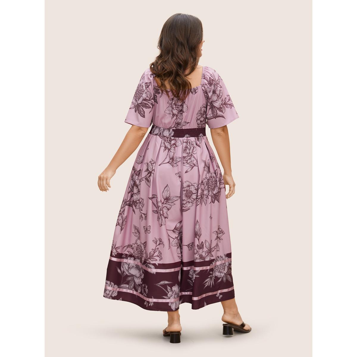Plus Size Boho Print Heart Neckline Ruffle Sleeve Maxi Dress Blush Women Romantic Woven ribbon&lace trim Square Neck Short sleeve Curvy BloomChic 12/L Product Image