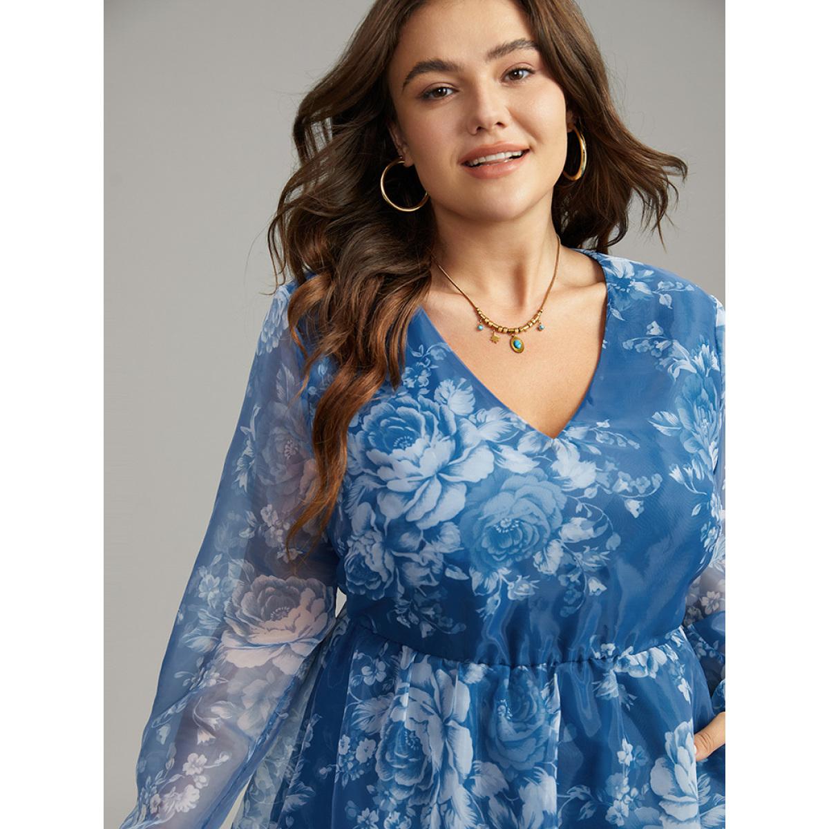 Plus Size Silhouette Floral Print Elastic Cuffs Mesh Dress Cerulean Women Elegant Elastic cuffs V-neck Long Sleeve Curvy Midi Dress BloomChic 10/M Product Image