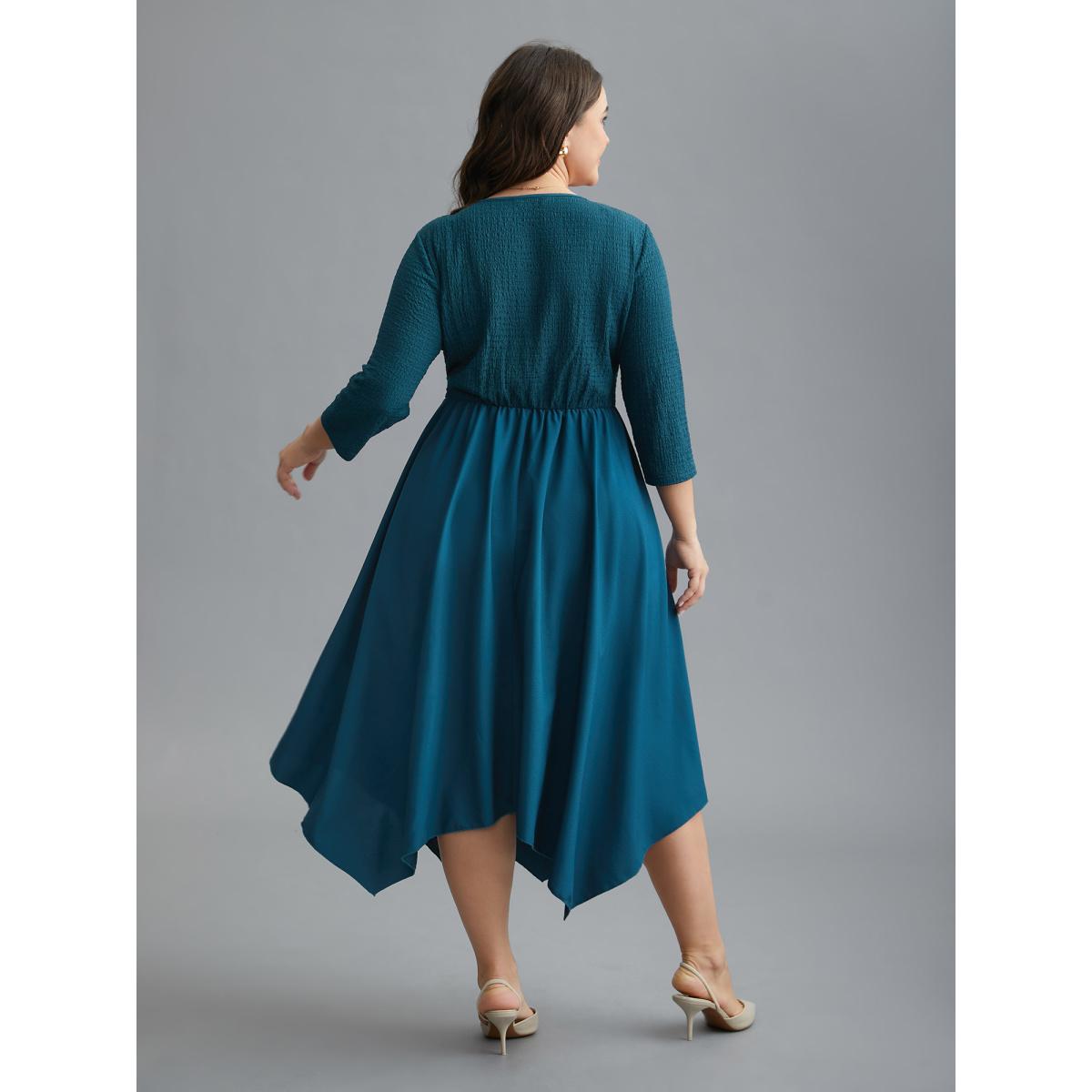 Plus Size Adjustable Drawstring Asymmetrical Hem Textured Dress Aegean Women Elegant Wraparound straps V-neck Elbow-length sleeve Curvy BloomChic 26/4X Product Image