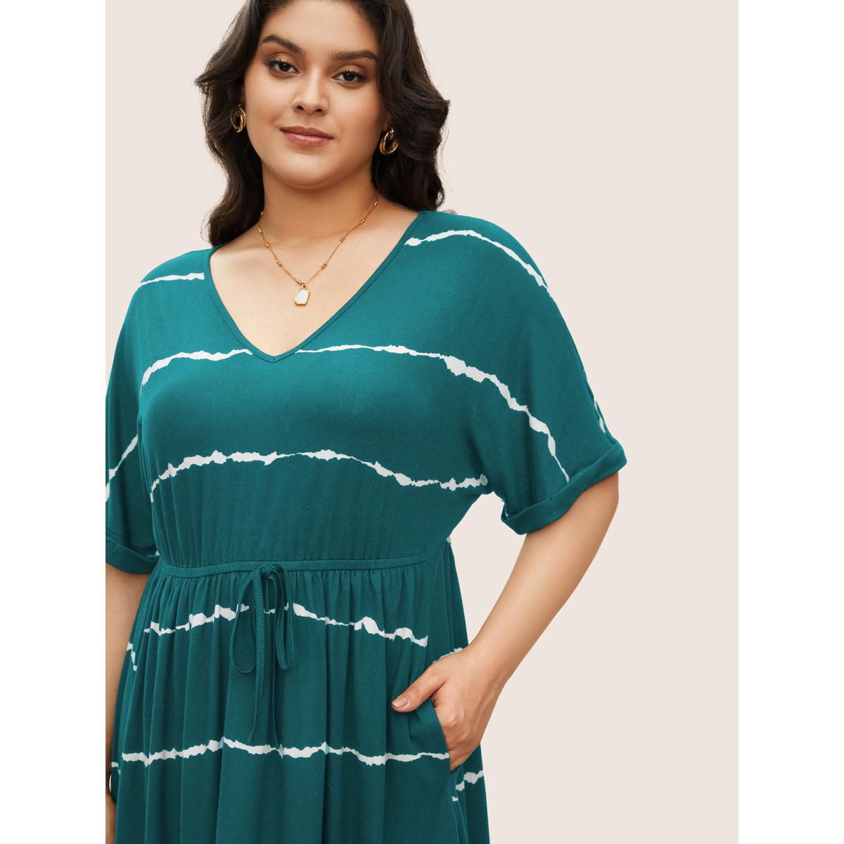 Plus Size Tie Dye Roll Dolman Sleeve Pocket Gathered Knot Striped Dress Mediumblue Women Casual Non V-neck Short sleeve Curvy Midi Dress BloomChic 18-20/2X Product Image