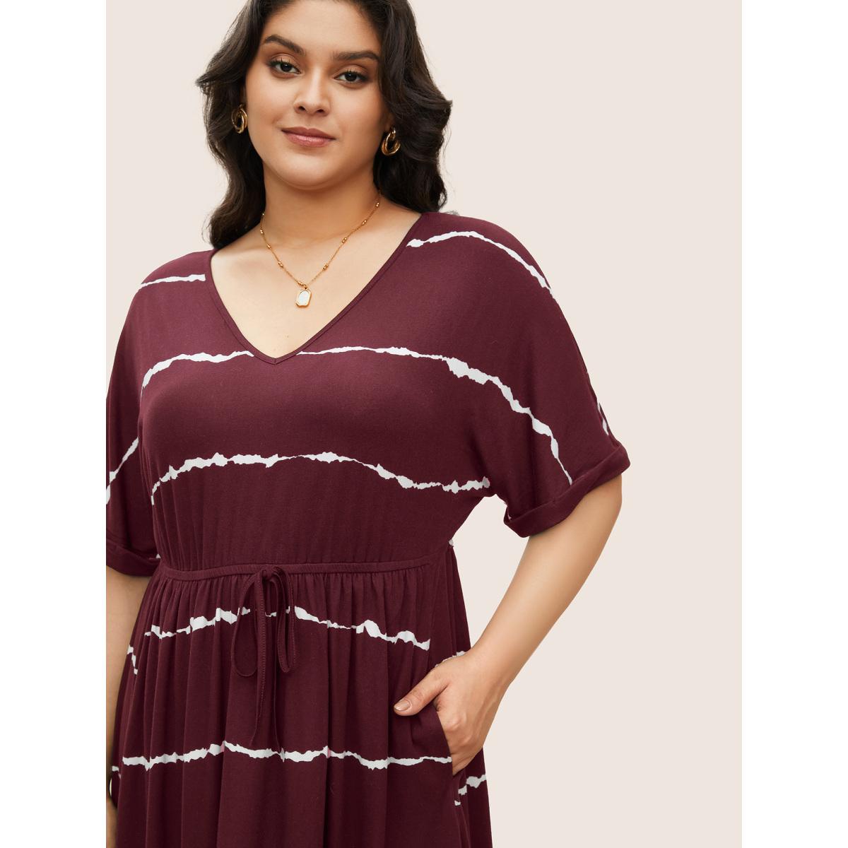 Plus Size Tie Dye Roll Dolman Sleeve Pocket Gathered Knot Striped Dress Scarlet Women Casual Non V-neck Short sleeve Curvy Midi Dress BloomChic 18-20/2X Product Image