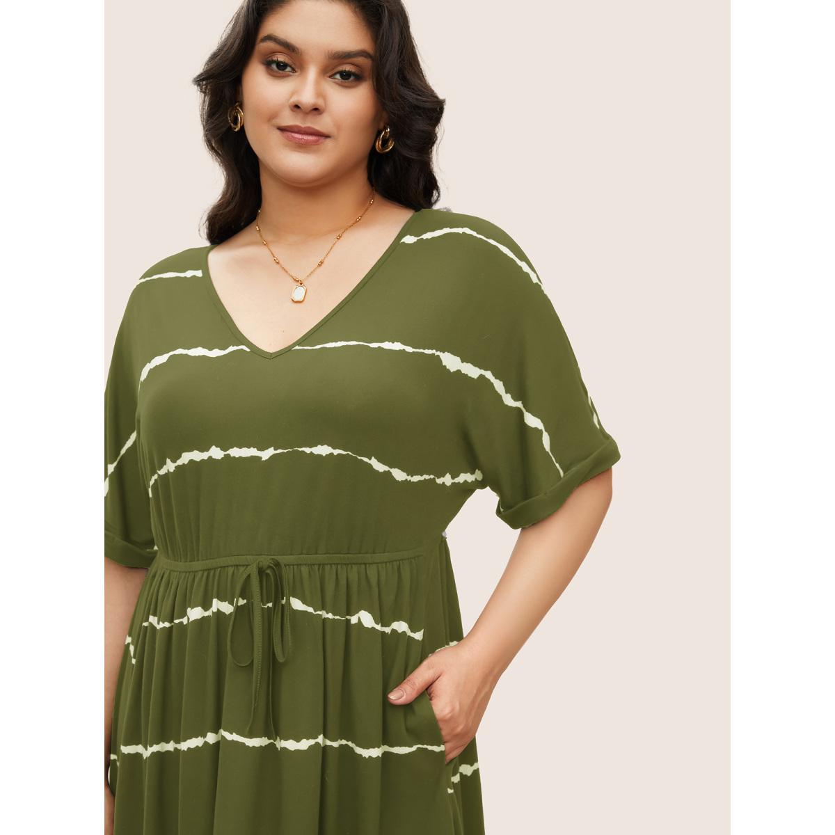 Plus Size Tie Dye Roll Dolman Sleeve Pocket Gathered Knot Striped Dress Moss Women Casual Non V-neck Short sleeve Curvy Midi Dress BloomChic 18-20/2X Product Image