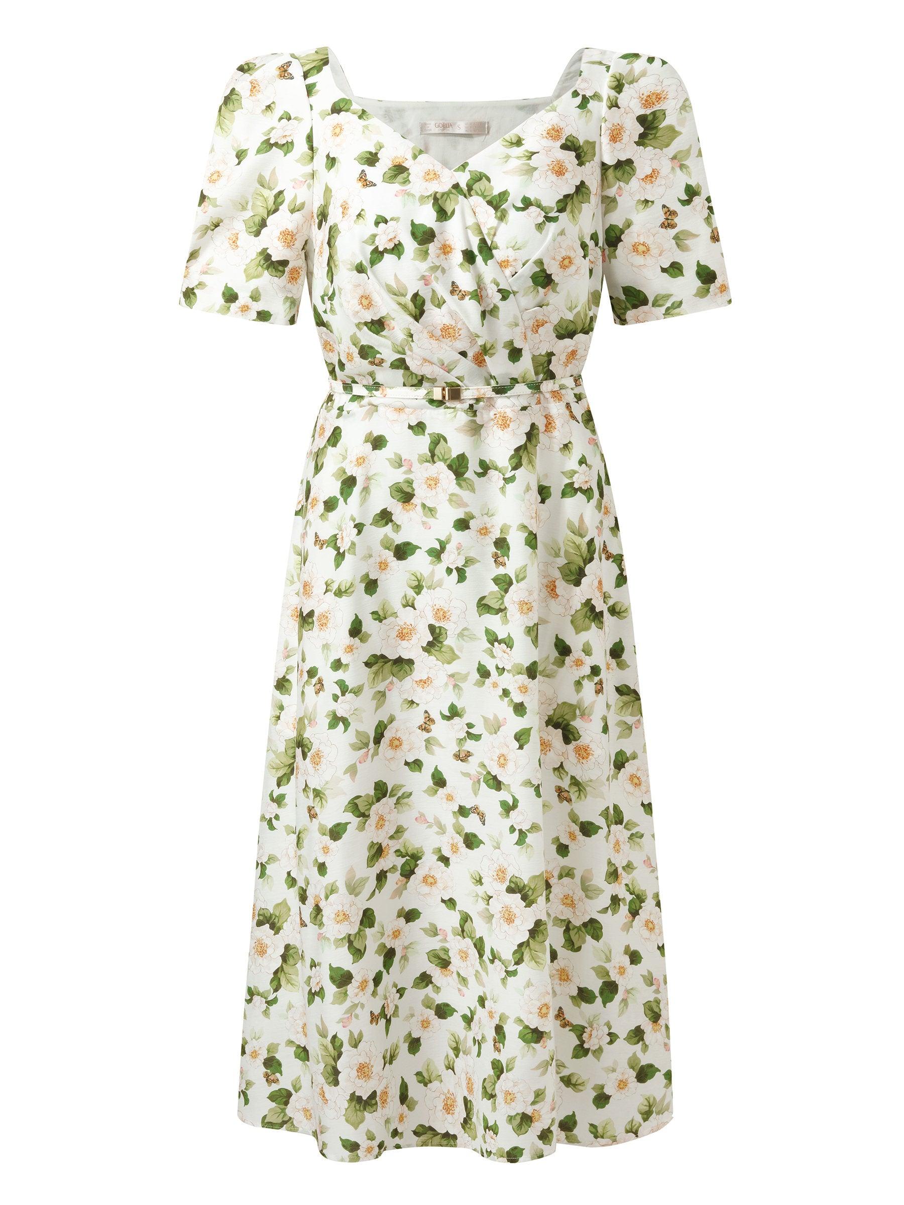 Acetate Blend Floral Print Women V-Neck Midi Dress With Belt Product Image