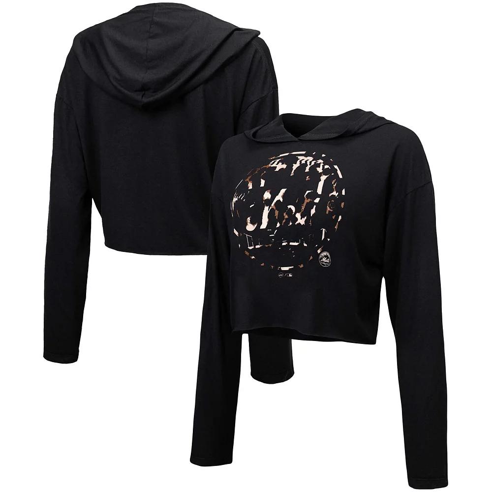 Women's Majestic Threads Black New York Mets Leopard Cropped Hoodie, Size: Large Product Image