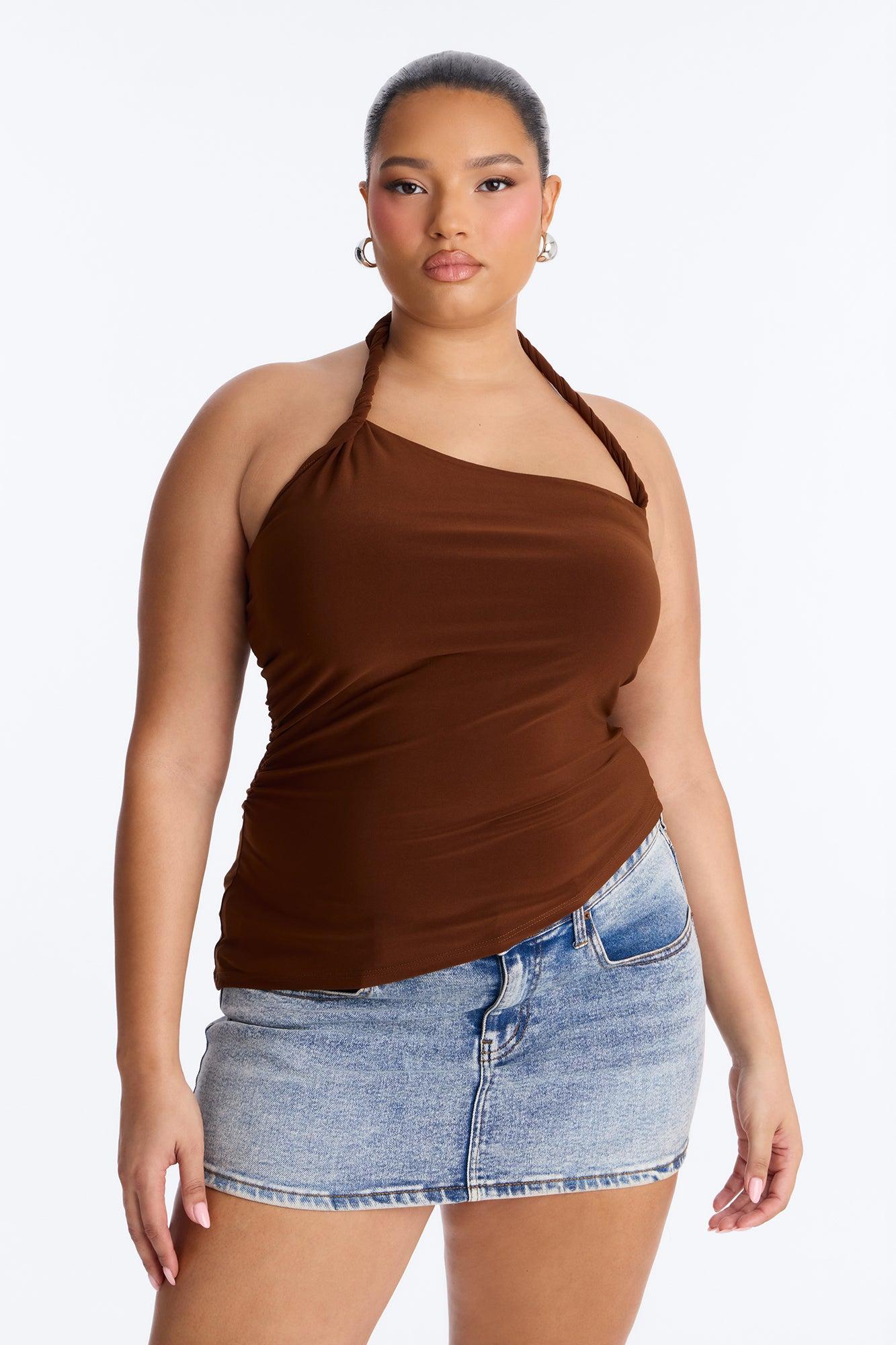 Maddy Asymmetrical Twist Ruched Halter Top - Brown Female Product Image