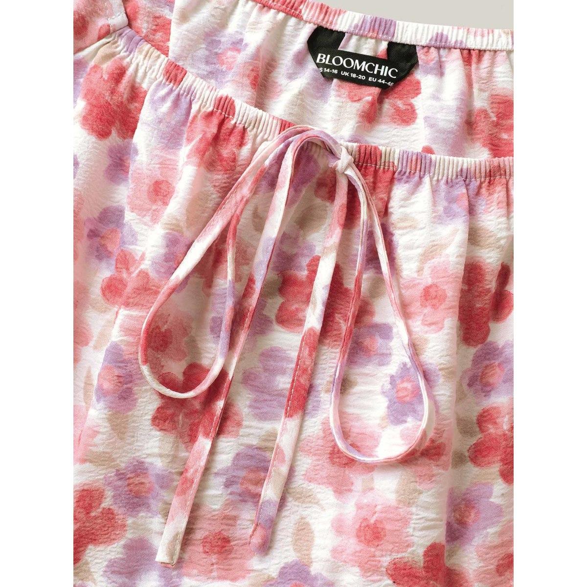 Plus Size Watermelon Floral Print Square Neck Tie Blouse Women Short sleeve Square Neck Everyday-Elegant Blouses BloomChic 28/5X Product Image